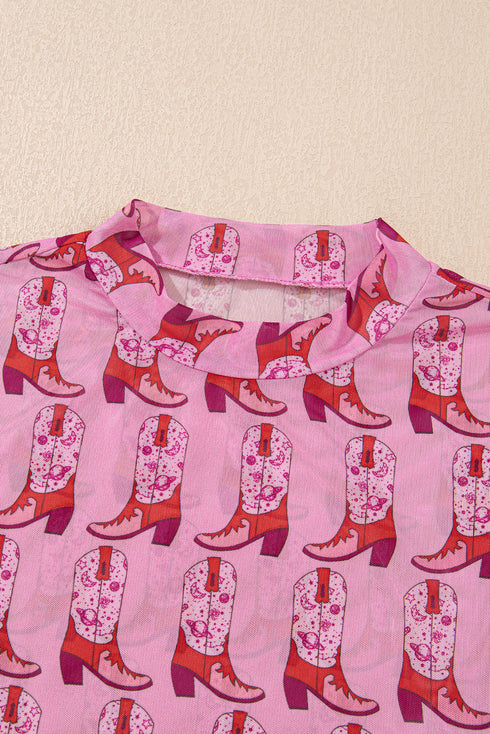 Pink Cowgirl Boots Printed Mock Neck Long Sleeve Mesh Top